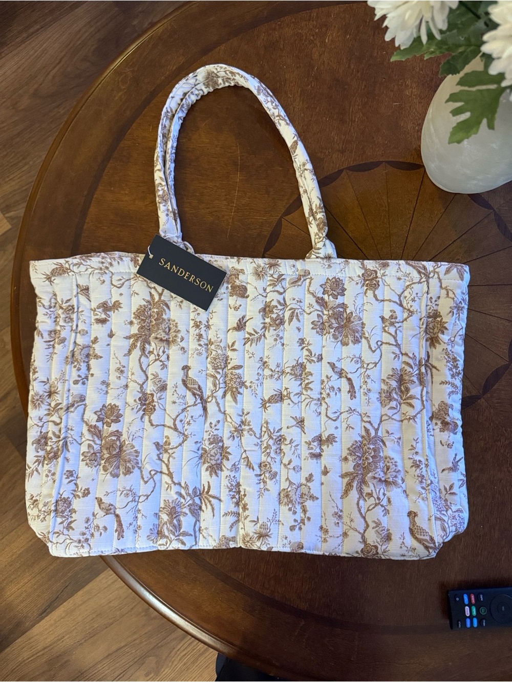 Quilted Floral Tote Bag in Brown and Cream